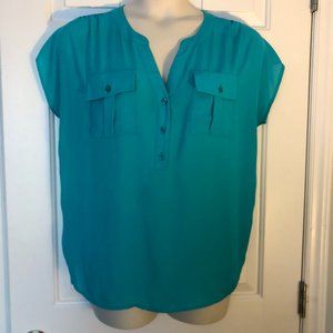 INC Plus Teal Woven-Front V-Neck Top